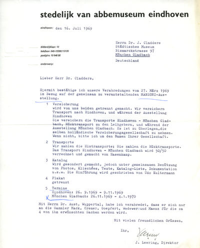 Jean Leering, Brief an Johannes Cladders, 16.7.1969, masch., Archiv Museum Abteiberg