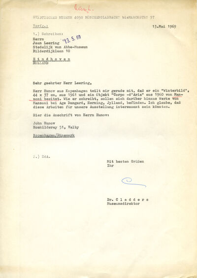 Johannes Cladders, Brief an Jean Leering, 13.5.1969, masch., Du., Archiv Museum Abteiberg