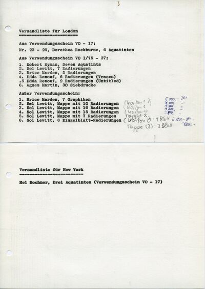 Museum Mönchengladbach, Versandliste für London und New York, [1975], masch., Du., Archiv Museum Abteiberg