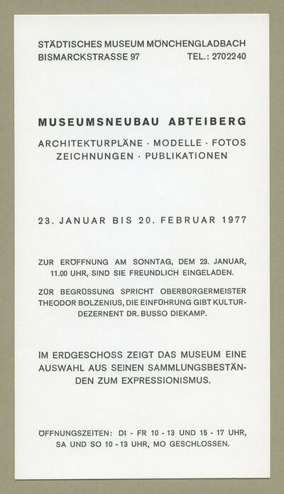 Museumsneubau Abteiberg, Architekturpläne, Modelle, Fotos, Zeichnungen, Publikationen
