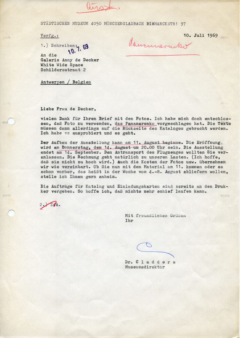 J. Cladders, Brief an Anny De Decker, 10.7.1969, masch., Du., Archiv Museum Abteiberg