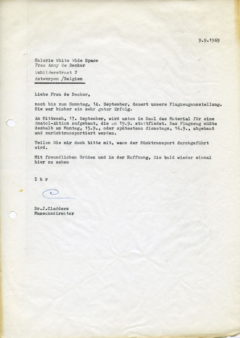 J. Cladders, Brief an Anny De Decker, 9.9.1969, masch., Du., Archiv Museum Abteiberg