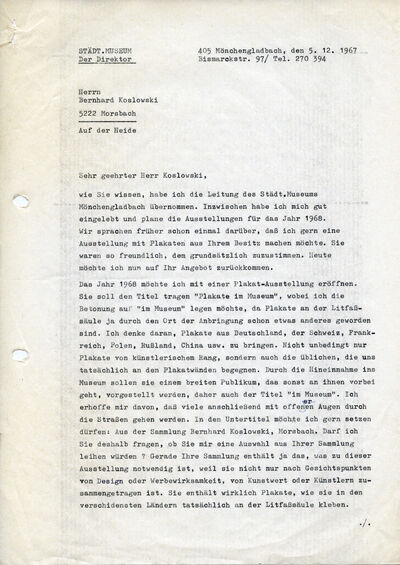 J. Cladders, Brief an Bernhard Koslowski, 5.12.1967, masch., Du., Seite 1/2, Archiv Museum Abteiberg
