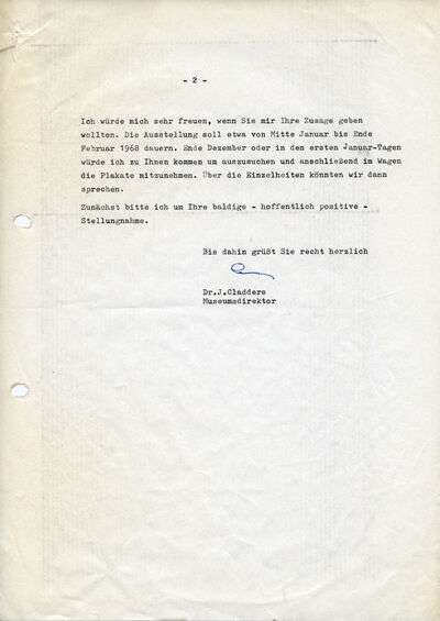 J. Cladders, Brief an Bernhard Koslowski, 5.12.1967, masch., Du., Seite 2/2, Archiv Museum Abteiberg