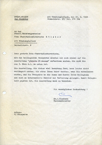J. Cladders, Brief an Fr. Sticker, 22.2.1968, masch., Du., Archiv Museum Abteiberg