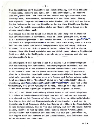 Johannes Cladders, Eröffnungsrede zur Ausstellung, Typoskript, S. 4, Archiv Museum Abteiberg