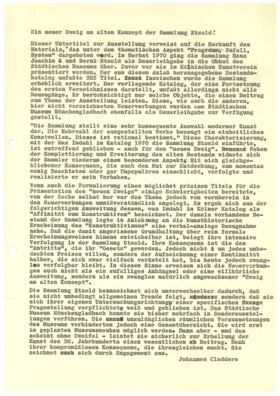 Johannes Cladders, Text zur Ausstellung, n.d. [1973], Typoskript, Archiv Museum Abteiberg