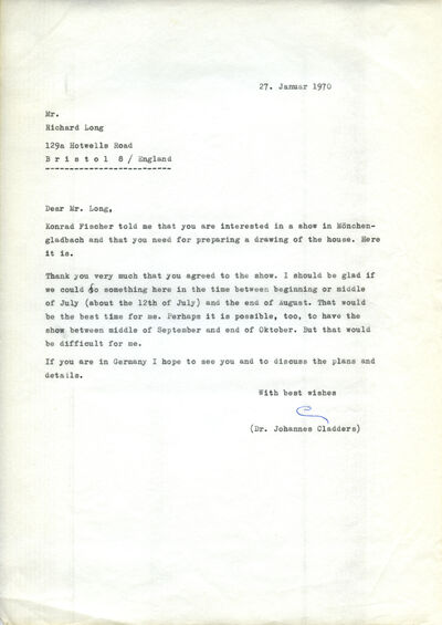 Johannes Cladders, Brief an Richard Long, 27.1.1970, masch., Du., Archiv Museum Abteiberg