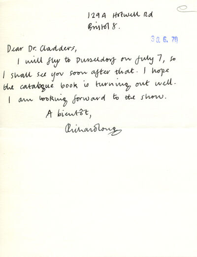 Richard Long, Brief an Johannes Cladders, n.d. (Juni 1970), hs., Archiv Museum Abteiberg, © Richard Long