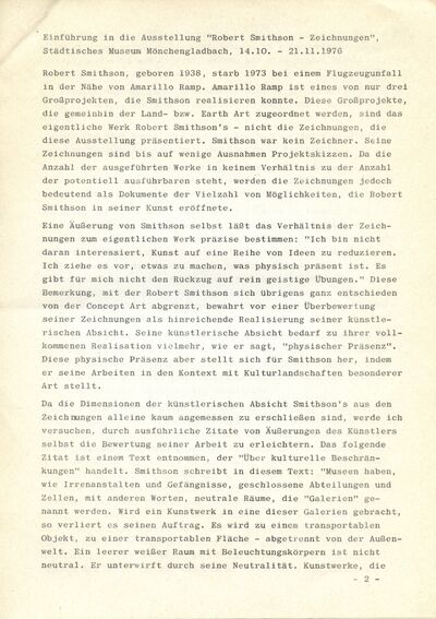 Clara Weyergraf, Einführungsrede Robert Smithson, Typoskript, Archiv Museum Abteiberg