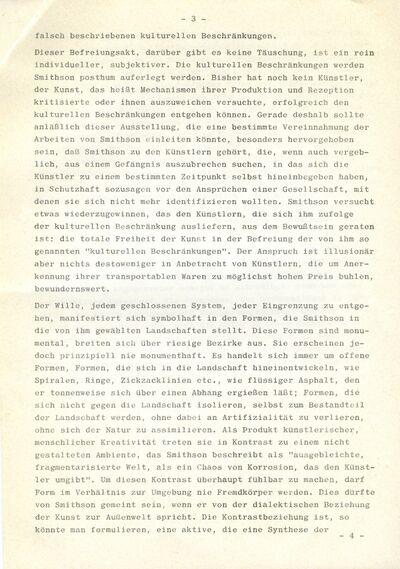 Clara Weyergraf, Einführungsrede Robert Smithson, S. 3, Typoskript, Archiv Museum Abteiberg