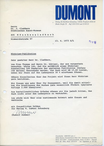 Rudolf Sommer, Brief an Johannes Cladders, 13.4.1973, masch., Archiv Museum Abteiberg