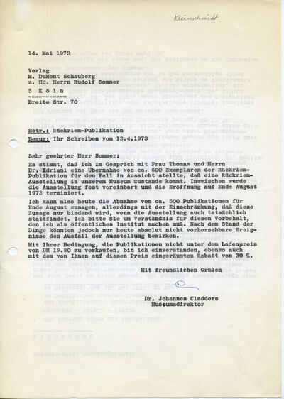 Johannes Cladders, Brief an Rudolf Sommer, 14.5.1973, masch., Du., Archiv Museum Abteiberg