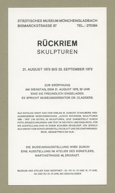 Einladungskarte RÜCKRIEM. Skulpturen, 1973