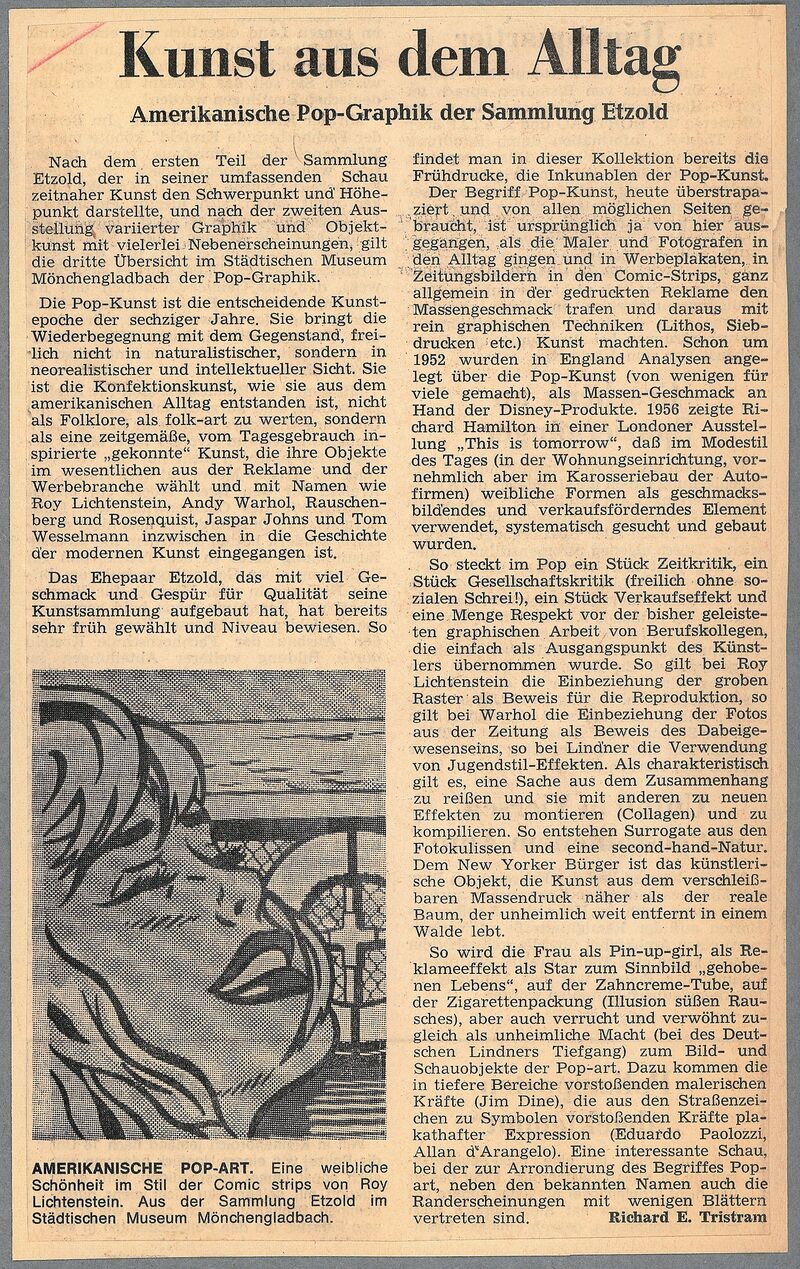 Richard E. Tristram, Kunst aus dem Alltag. Amerikanische Pop-Graphik der Sammlung Etzold, in: Rheinische Post (Datum?)