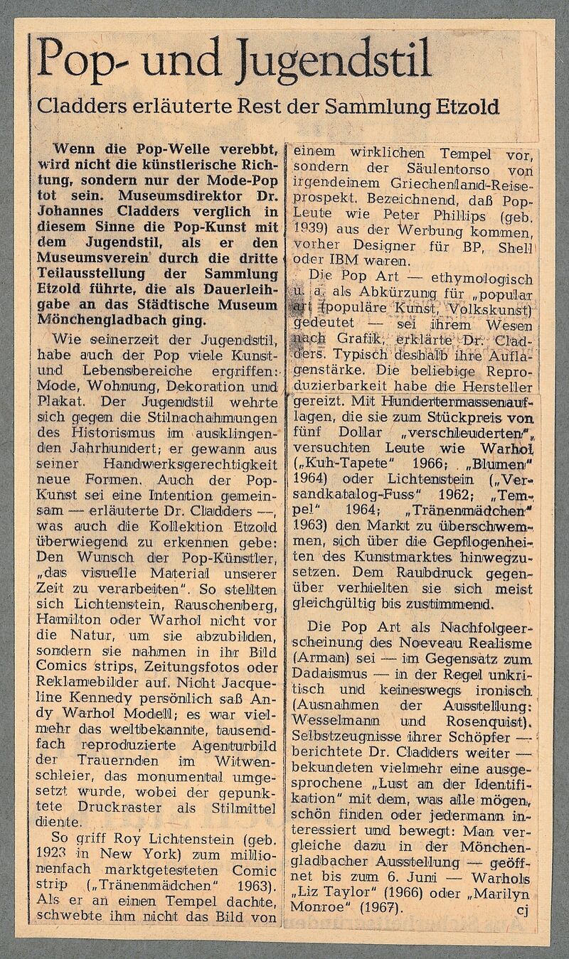 CJ [Claudia Junkers], Pop- und Jugendstil. Cladders erläutert Rest der Sammlung Etzold, in: Westdeutsche Zeitung (Datum?)