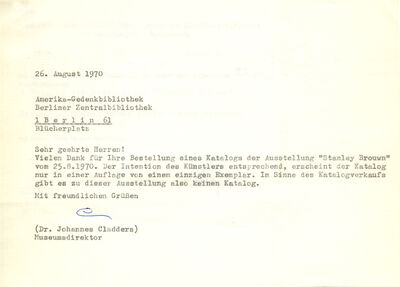 Johannes Cladders, Schreiben an die Amerika-Gedenkbibliothek, 26.8.1970, masch., Du., Archiv Museum Abteiberg