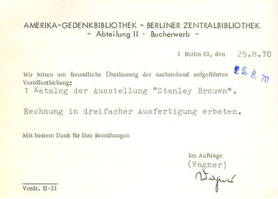 Schreiben der Amerika-Gedenkbibliothek Berlin, 25.8.1970, Archiv Museum Abteiberg