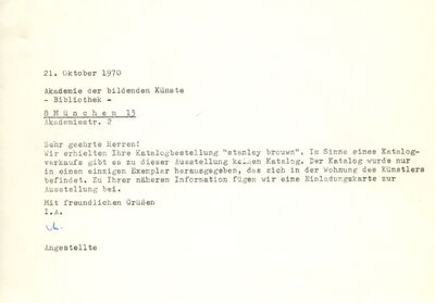 Museum Mönchengladbach (Ruth Müller), Schreiben an die Akademie der bildenden Künste, München, 21.10.1970, Archiv Museum Abteiberg