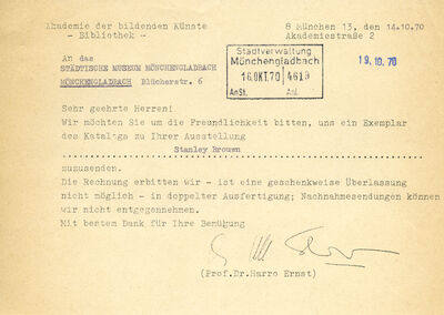 Schreiben der Akademie der bildenden Künste, München, 14.10.1970, Archiv Museum Abteiberg