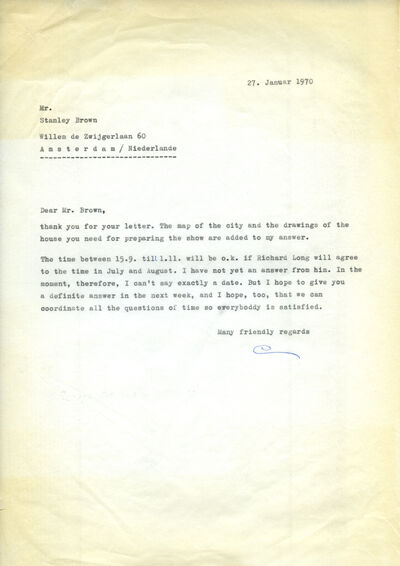Johannes Cladders, Brief an Stanley Brouwn, 27.1.1970, masch., Du., Archiv Museum Abteiberg