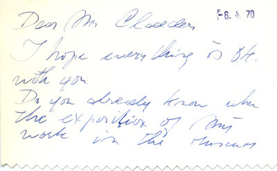 Stanley Brouwn, Briefkarte an Johannes Cladders, o.D. (Posteingangsstempel 6.4.1970), hs., recto, Archiv Museum Abteiberg, © stanley brouwn estate