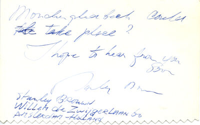 Stanley Brouwn, Briefkarte an Johannes Cladders, o.D. (Posteingangsstempel 6.4.1970), hs., verso, Archiv Museum Abteiberg, © stanley brouwn estate