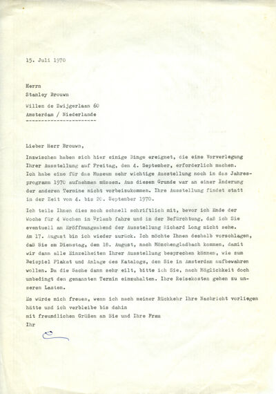 Johannes Cladders, Brief an Stanley Brouwn, 15.7.1970, masch., Du., Archiv Museum Abteiberg