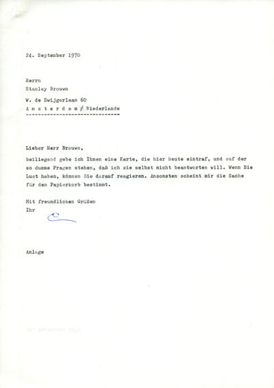 Johannes Cladders, Brief an Stanley Brouwn, 24.9.1970, masch., Du., Archiv Museum Abteiberg
