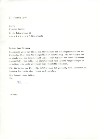 Johannes Cladders, Brief an Stanley Brouwn, 14.10.1970, masch., Du., Archiv Museum Abteiberg