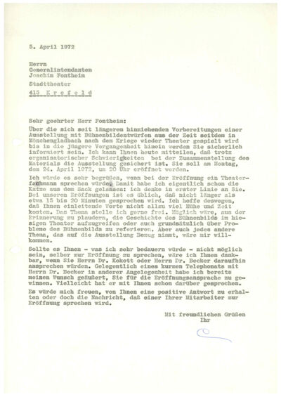 Johannes Cladders, Brief an Joachim Fontheim, 5.4.1972, masch., Du., Archiv Museum Abteiberg