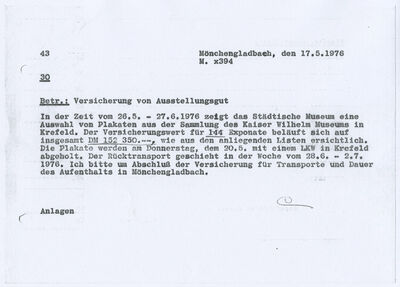 Versicherung von Ausstellungsgut, Typoskript, 17.5.1976, Archiv Museum Abteiberg